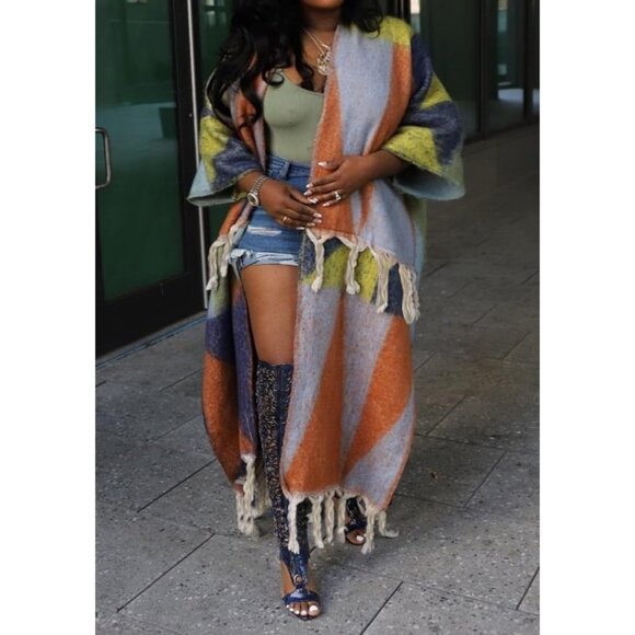 Women Long Open Front Sweater Cardigan Fringe Color Block Maxi Plus Size - Picture 6 of 6